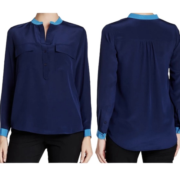 Vince Tops - Vince Silk Contrast Split Neck Long Sleeve Popover Blouse